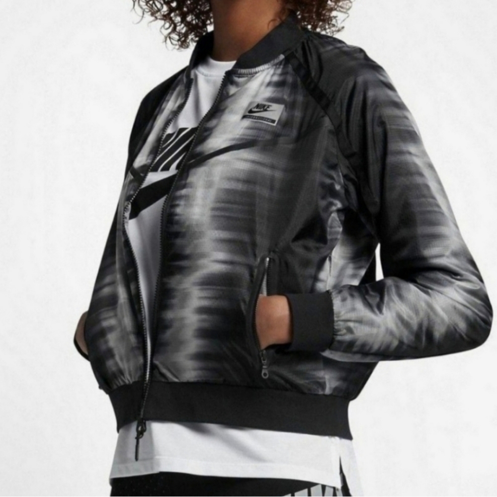 Nike Black & White Tie Dye Printed International Zip Up Bomber Track Jacket